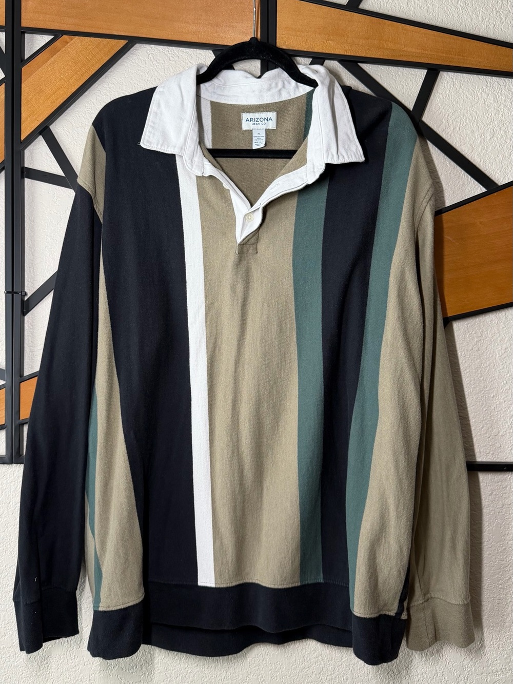 Arizona Jean Company Long-Sleeve Striped Rugby Shirt - Olive, Black & White